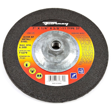 Forney Grinding Wheel, Metal, Type 27, 7 in x 1/4 in x 5/8 in-11 71879
